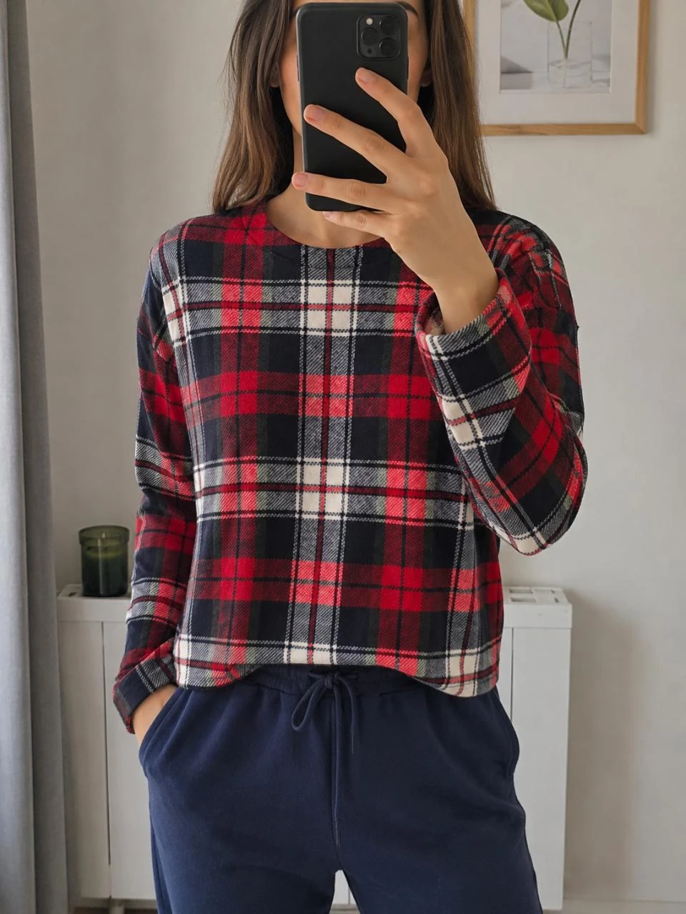 Blusa de pijama xadrez vermelha marinha macia e aconchegante ETAM • PP • Novo – photo 2
